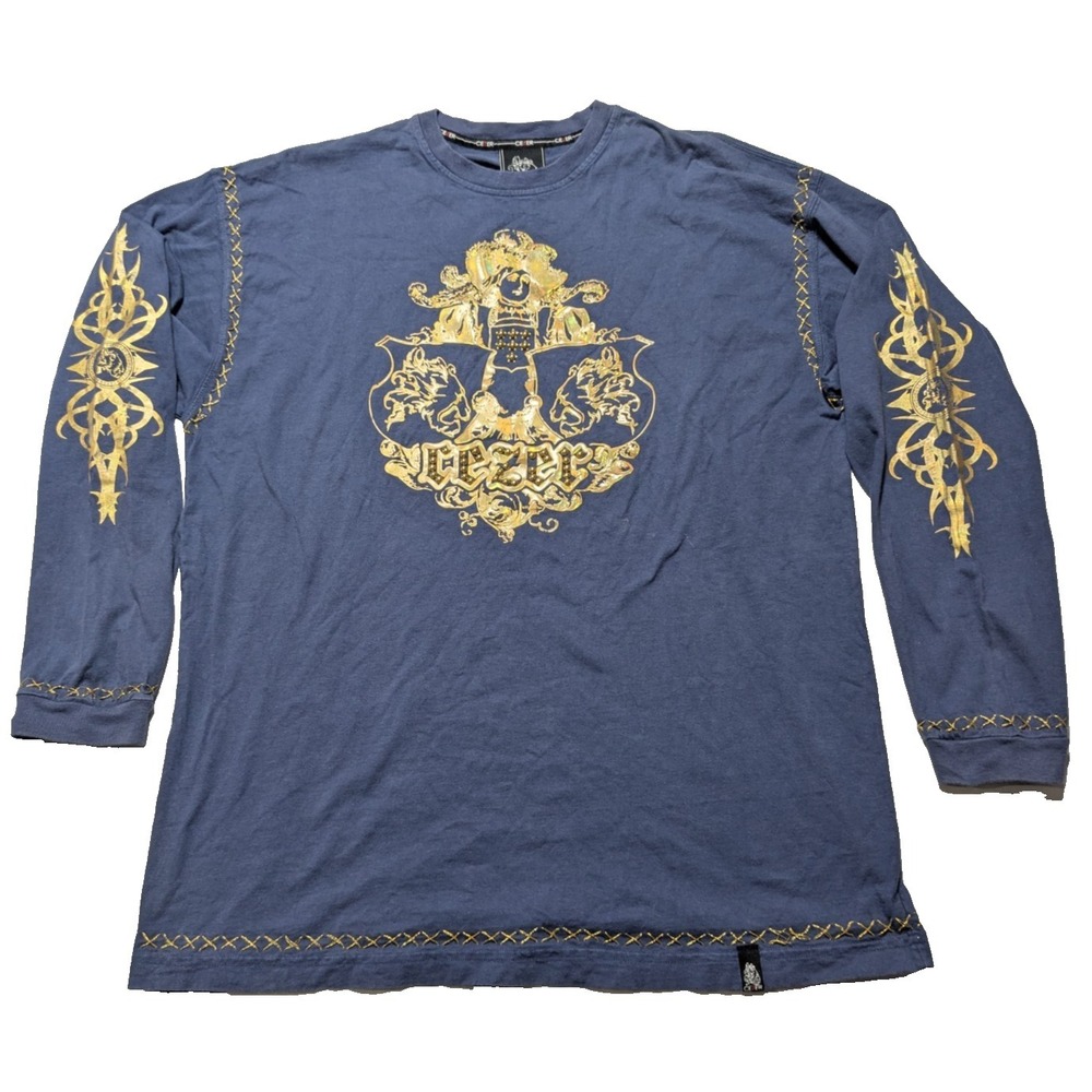 VTG Y2K Jewelius Cezer Embellished Blue Long‎ Sleeve T-Shirt - Men Large?